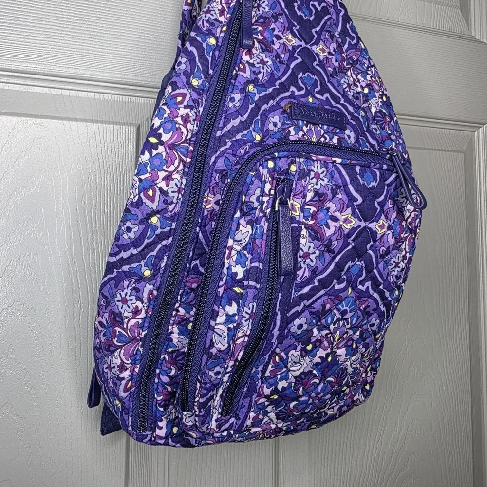 NWOT Vera Bradley Plaid Sling Backpack Purple Plum Paisley Adjustable Strap
